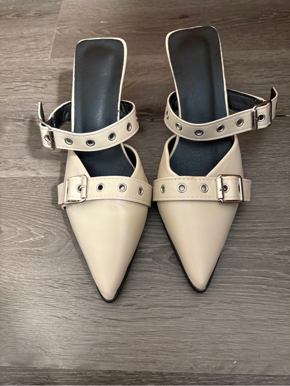 Pointed-Toe Cream Buckle Strap Heels for Women